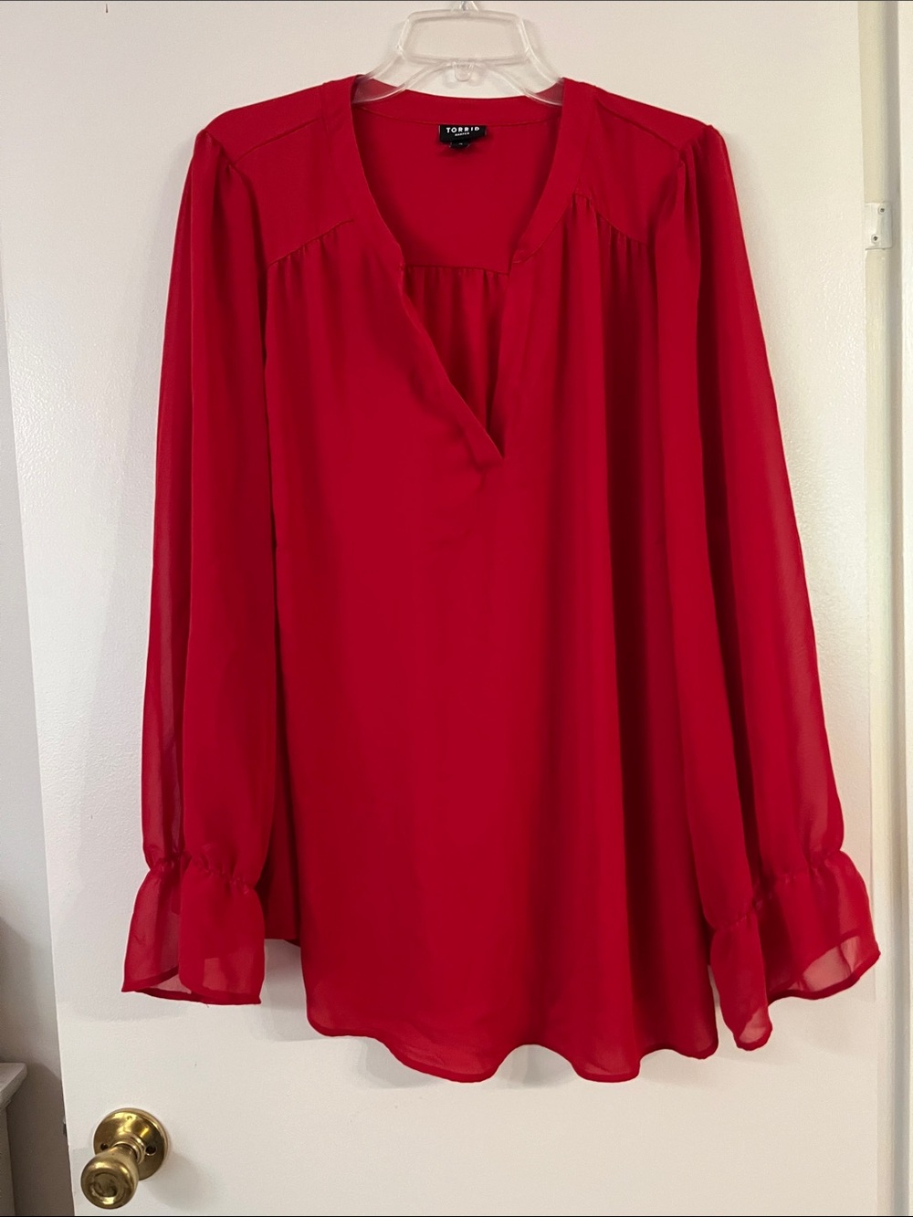torrid Bright Red Split V-Neck Sheer Long Sleeve Tunic